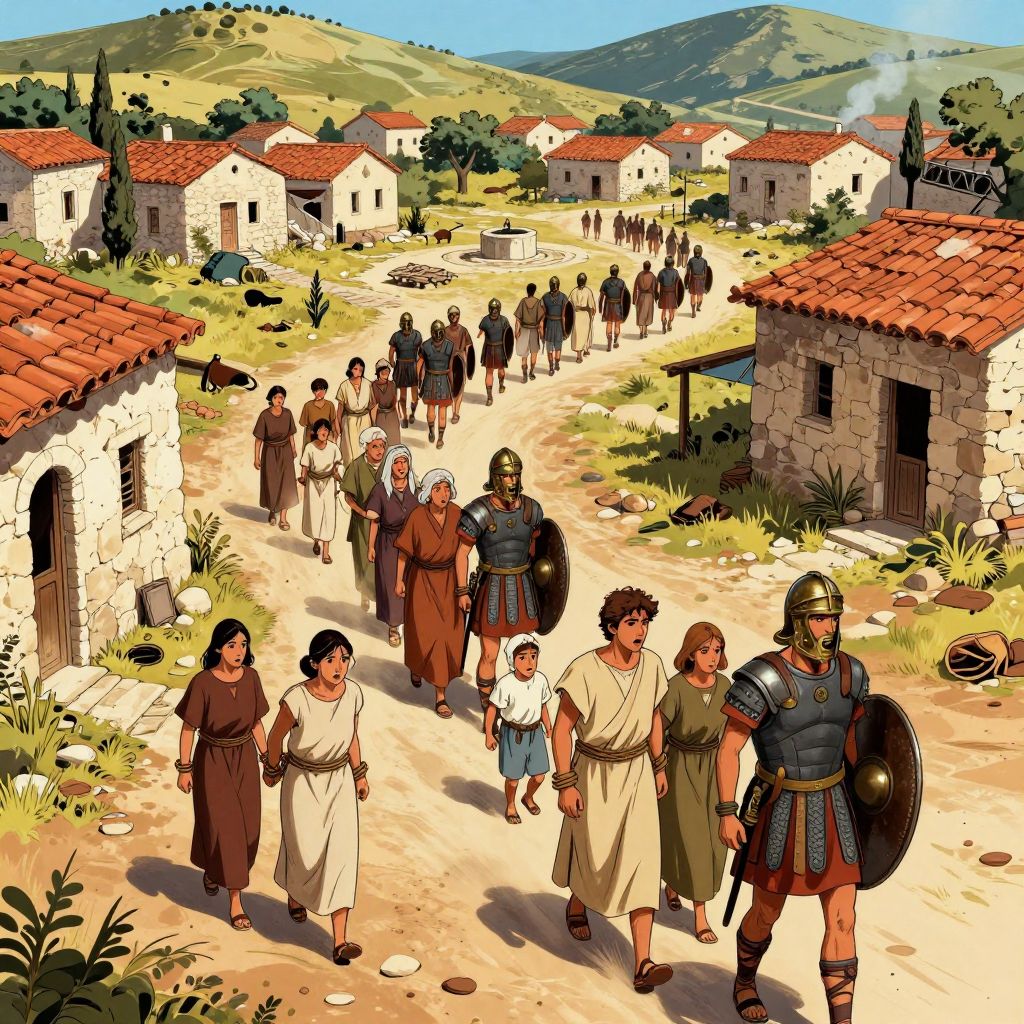 Wide view of Greek village being emptied, columns of bound civilians being marched away by Roman soldiers, abandoned belongings scattered on ground