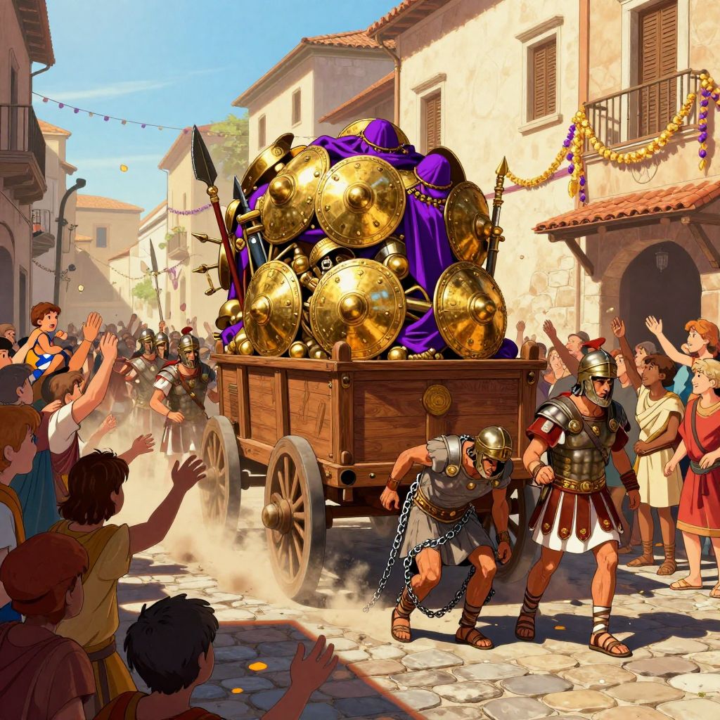 Roman triumph procession with treasure wagon piled with gold shields and armor, King Perseus shuffling in chains behind it, crowds cheering on both sides