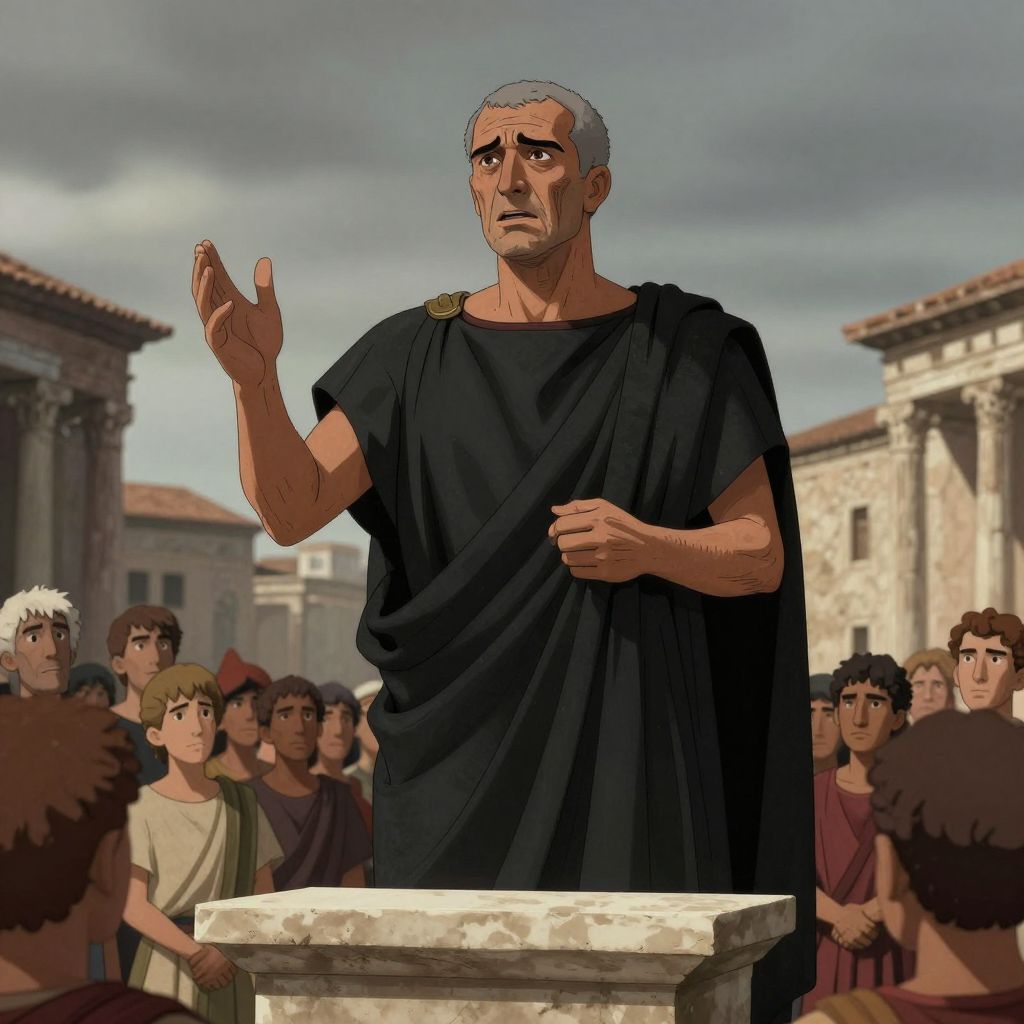 Aemilius Paullus in black mourning toga giving a speech to assembled Romans, one hand raised in oratory gesture, face showing controlled grief