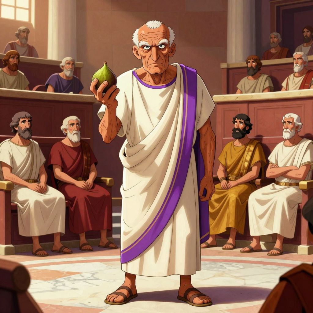 Cato the Elder standing in the Roman Senate, holding fresh figs in his outstretched hand
