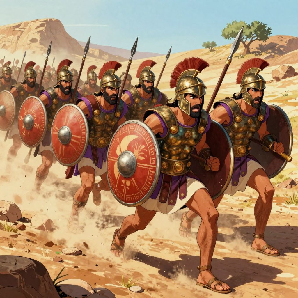 Carthaginian soldiers in formation with bronze armor and round shields, charging forward