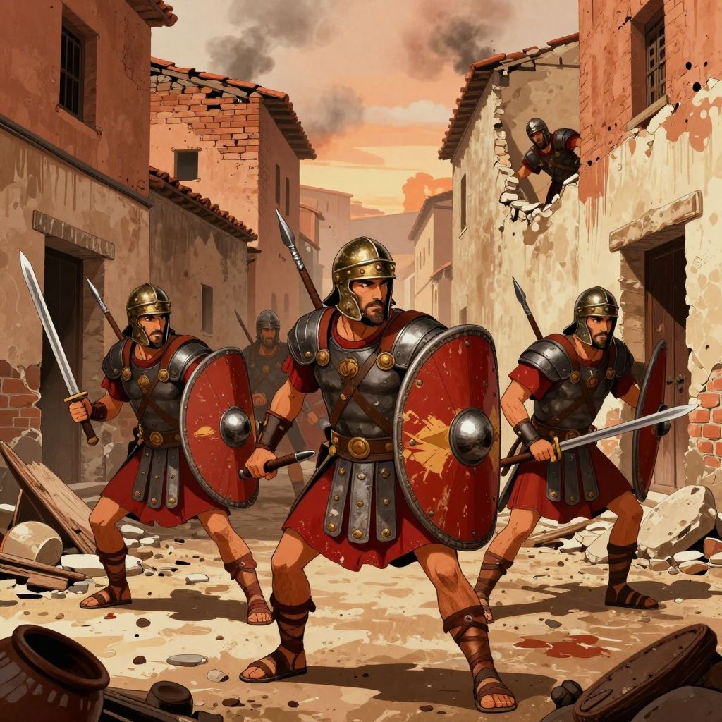 Roman legionaries in chainmail fighting through narrow streets, surrounded by burning buildings