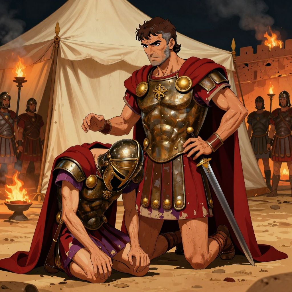 The Carthaginian commander kneeling before Scipio Aemilianus at the Roman camp, flames visible in the background
