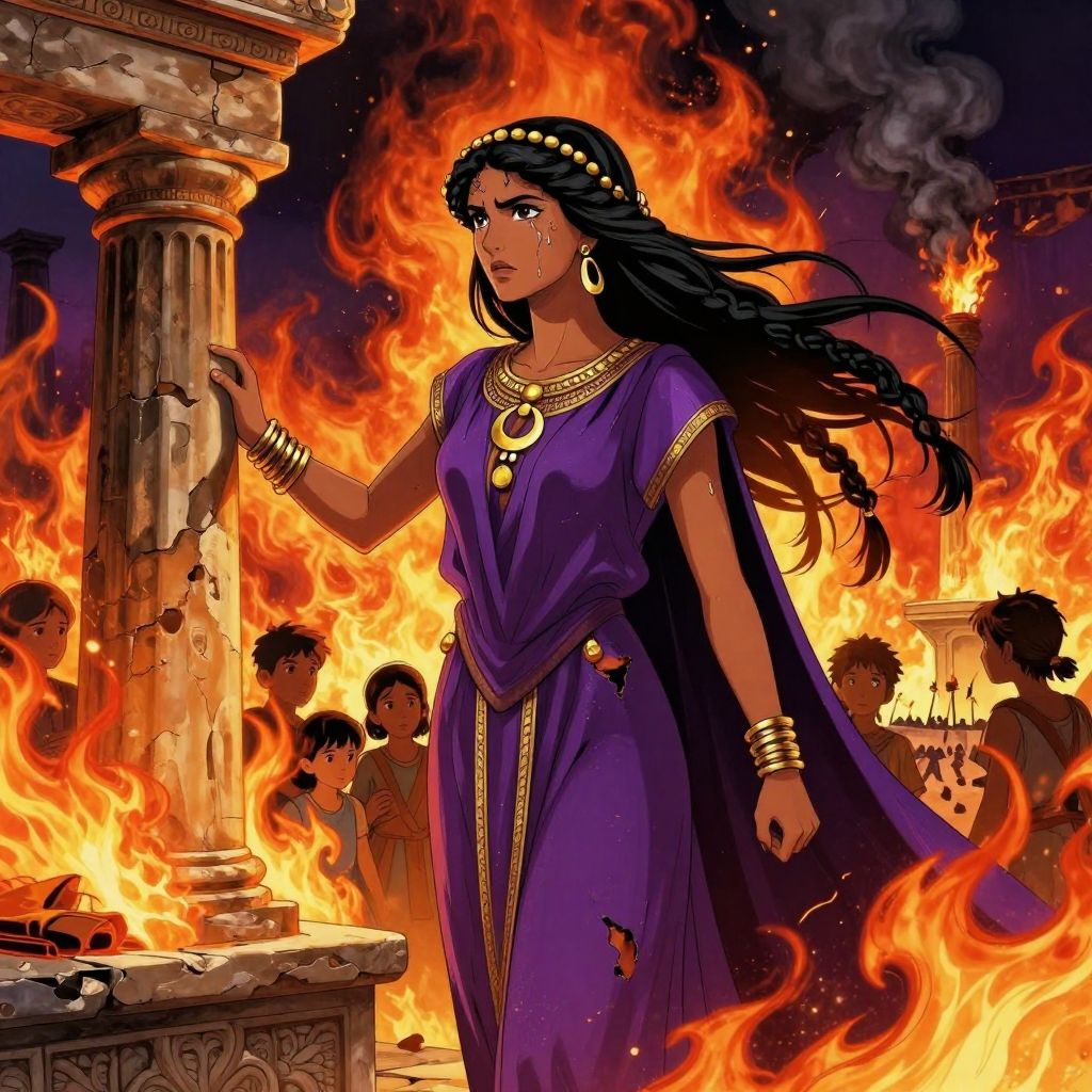 The commander's wife silhouetted against massive flames at the Temple of Eshmun, looking down at her husband