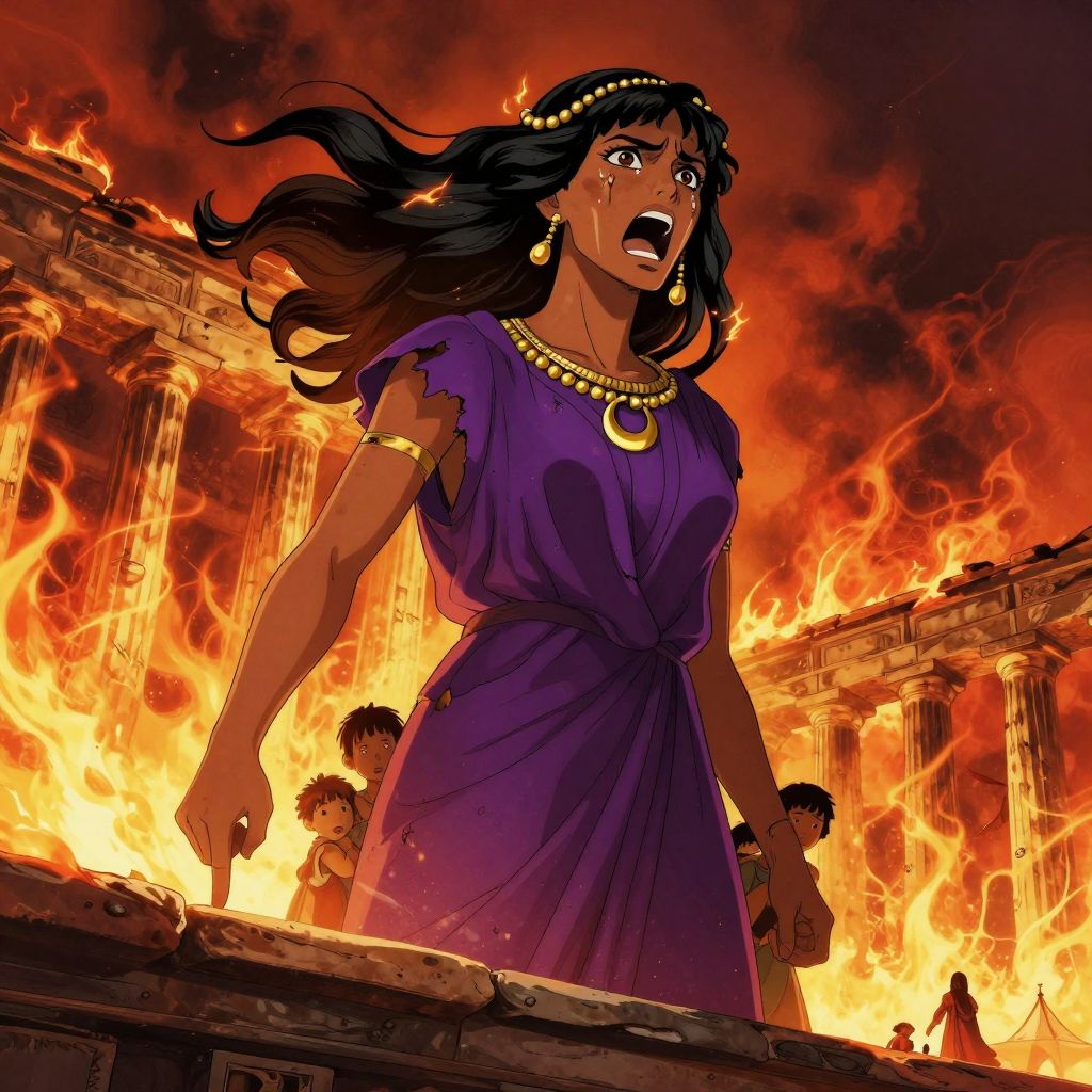 Scipio Aemilianus weeping as he watches Carthage burn, tears reflecting the firelight on his face