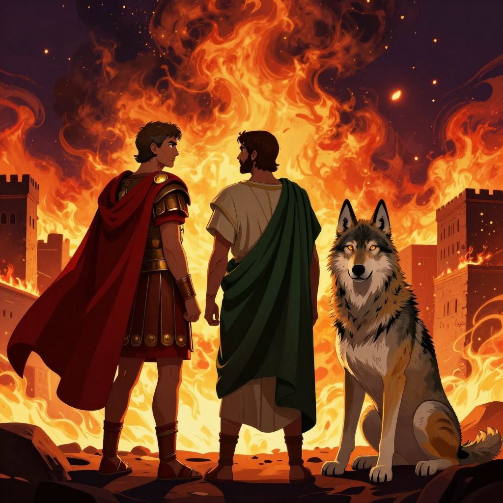 Three silhouettes watching the burning city of Carthage from a hillside at night