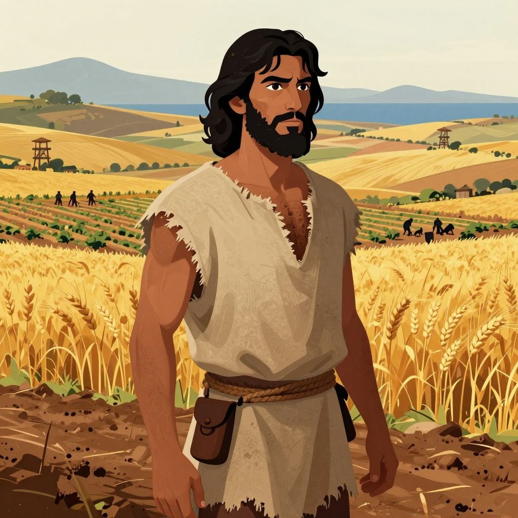 Sicilian countryside with vast wheat fields and distant slave plantation