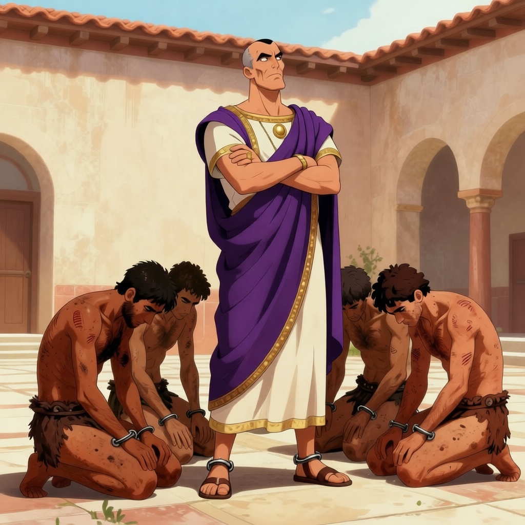 Cruel slave owner in purple toga sneering at naked, chained slaves in his villa