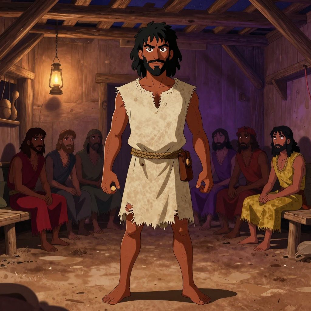 Eunus in dark slave quarters, intense eyes, other slaves gathered around him