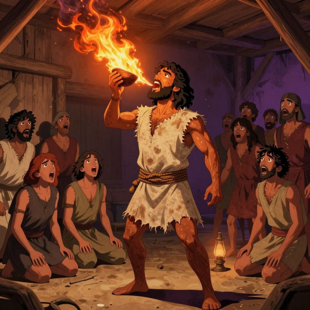 Eunus breathing fire using hidden coals in a hollow nutshell, slaves watching in awe