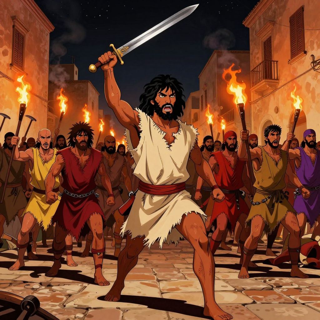 Four hundred slaves storming through narrow streets of Enna at night with torches and improvised weapons
