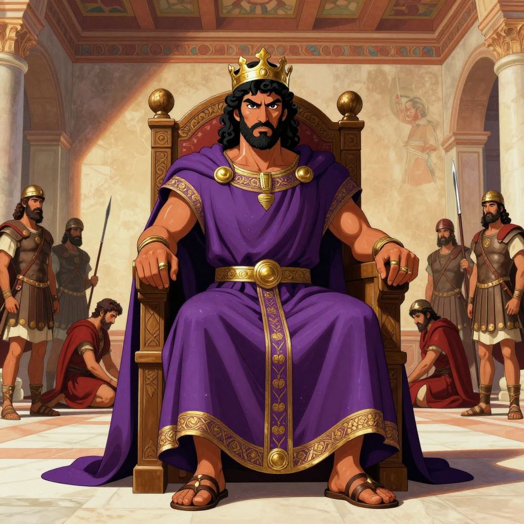 Eunus crowned as King Antiochus on a captured throne, wearing purple robes and gold crown