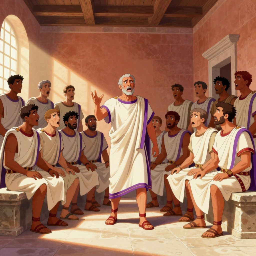 Roman senators in emergency session, faces showing fear and outrage