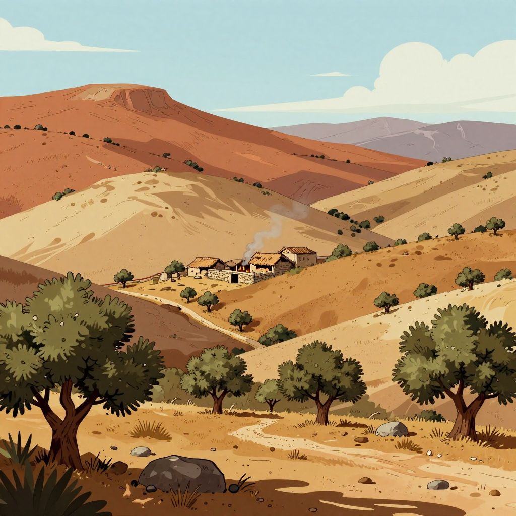 Rugged Iberian highlands with barren hills, scrub brush, and a small Lusitanian settlement in the distance