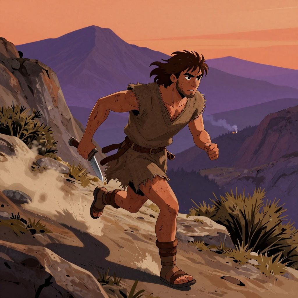 Viriathus fleeing into the mountains with a knife, the only survivor's escape