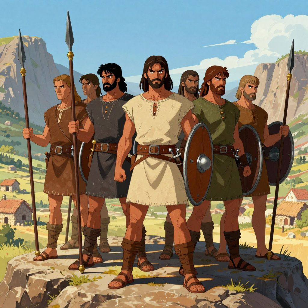 Iberian warriors in ambush positions among boulders in a narrow mountain pass, preparing to attack a Roman supply column