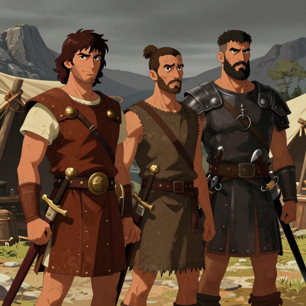 Audax, Ditalcus, and Minurus facing the viewer, their expressions showing greed and calculation