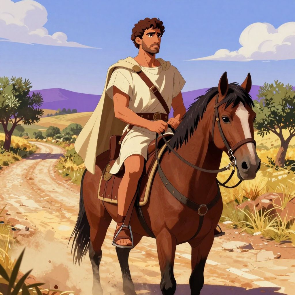 Tiberius Gracchus riding a tired horse on a dusty Roman road, looking toward the horizon with troubled expression