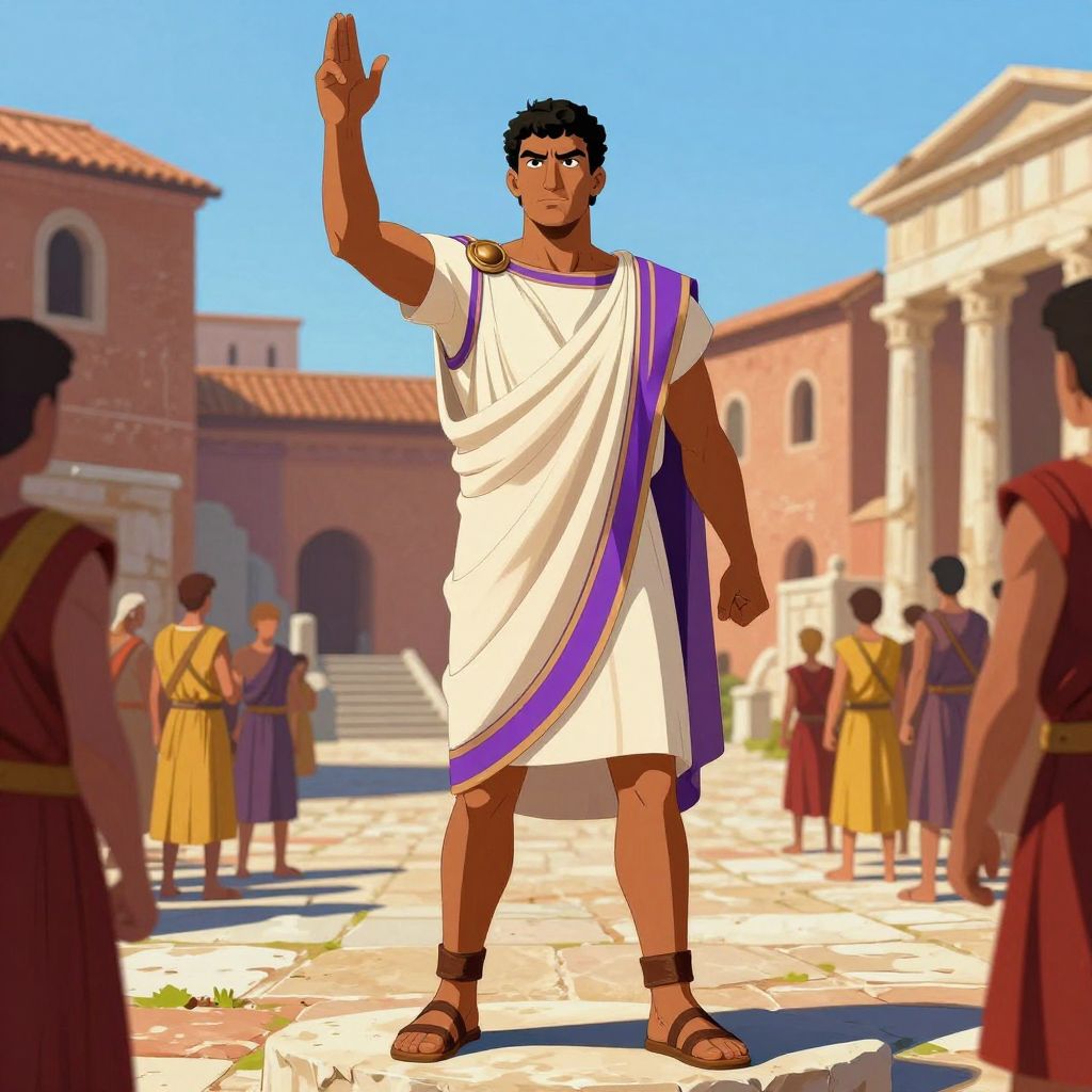 A Roman tribune standing on the Rostra in the Forum, arm raised in commanding gesture