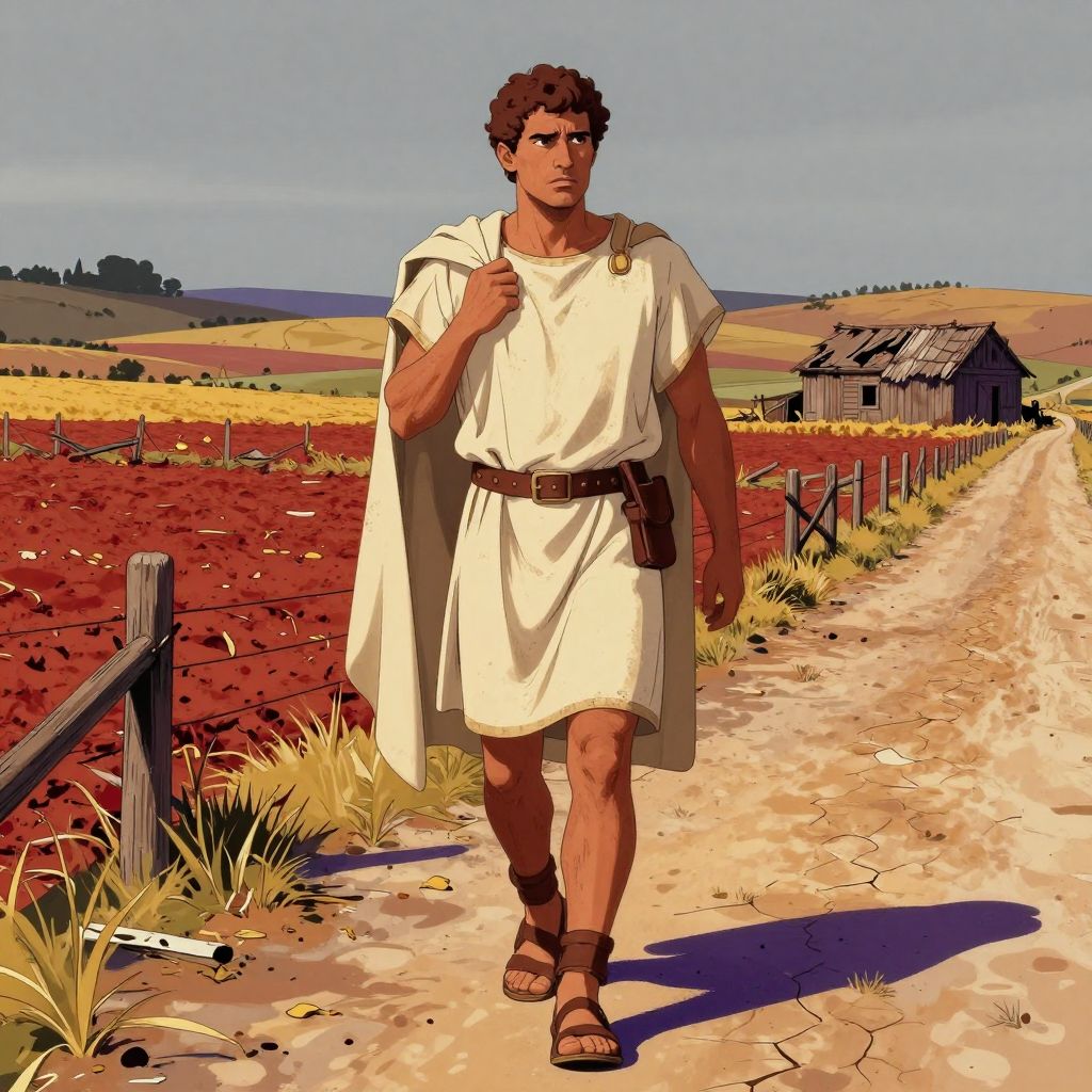 Tiberius walking along a rural Italian road, looking at abandoned farmland with troubled expression