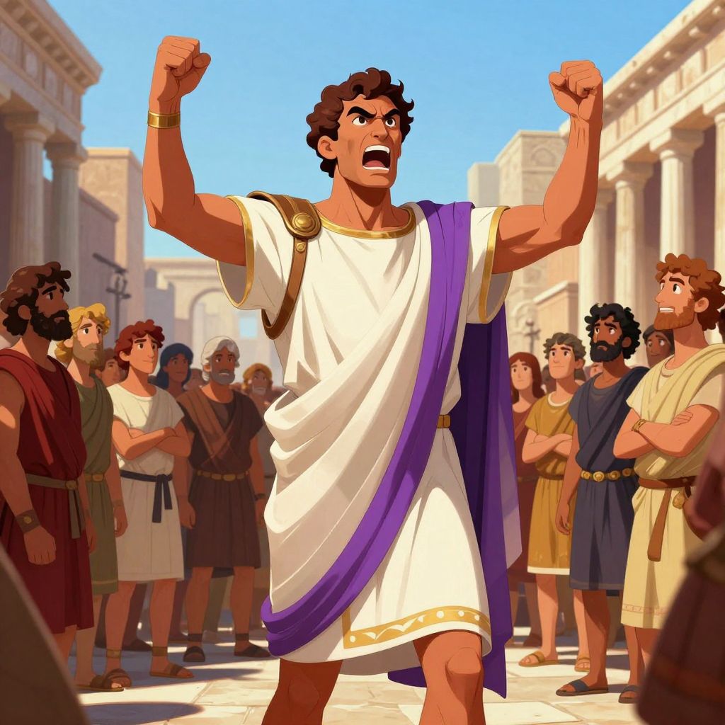 Tiberius Gracchus standing in the Roman Forum, arms raised, addressing a crowd with passionate intensity