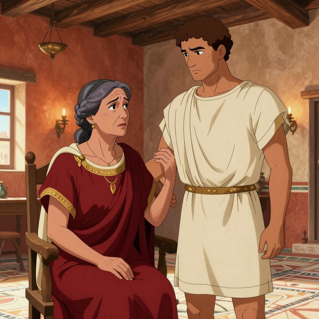 Cornelia reaching toward Tiberius in their home, her face showing maternal concern