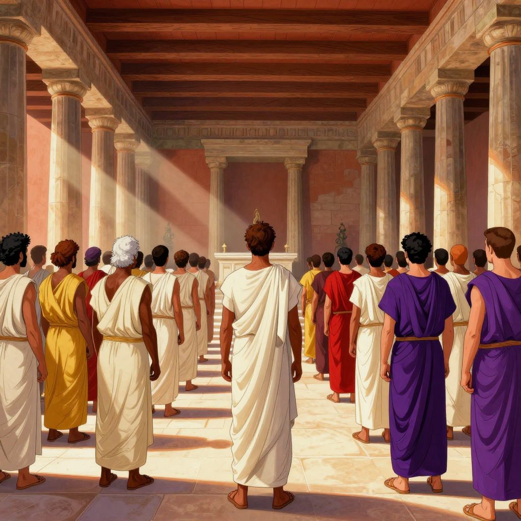 Interior of the Temple of Fides filled with senators in white togas facing an altar