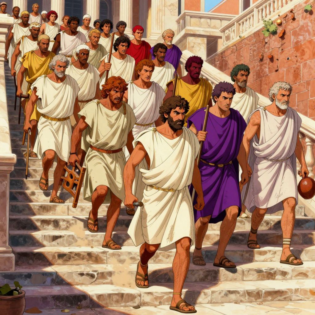 Toga-clad senators descending stone steps with improvised weapons, faces contorted with rage