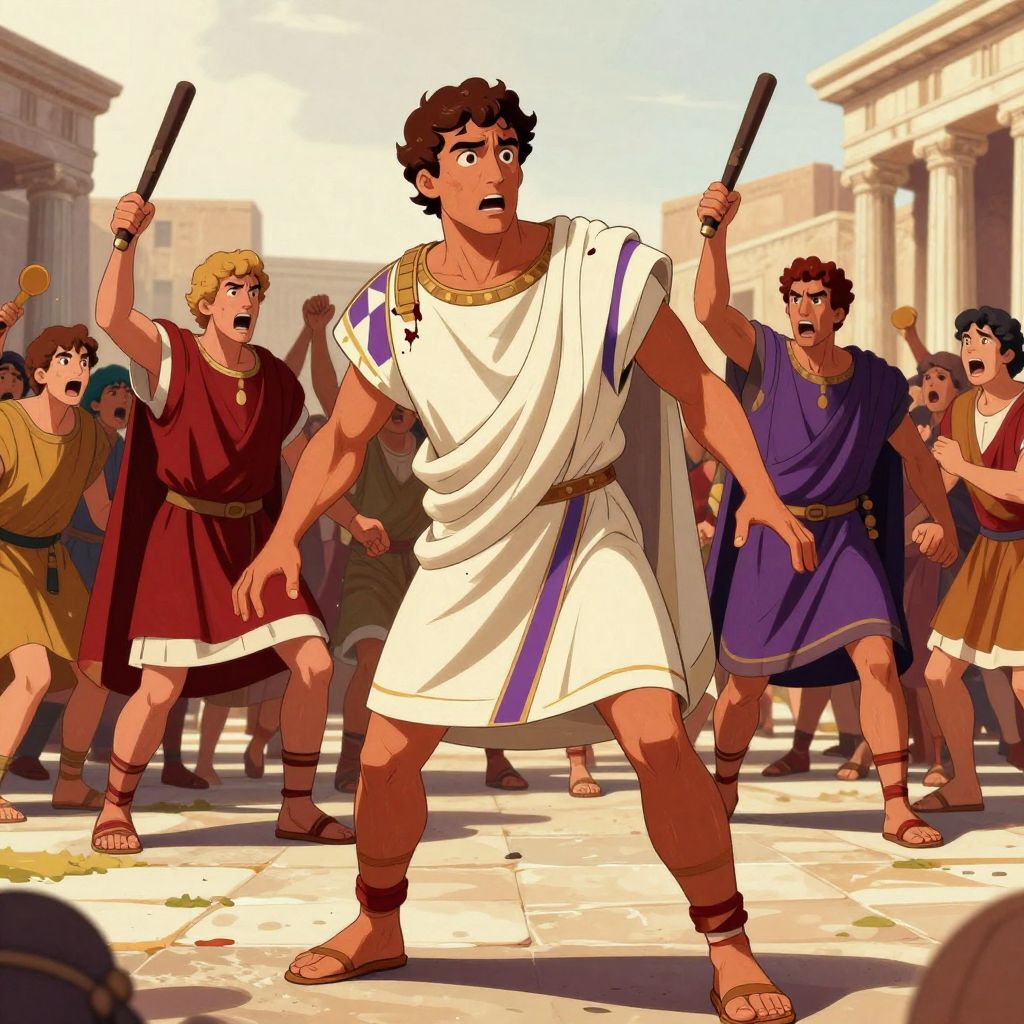 Tiberius stumbling backward with expression of betrayal, senators with raised clubs charging toward him