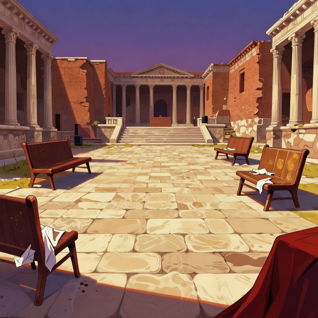 Empty Roman Forum in late afternoon with scattered clubs, torn toga fragments, and bloodstains on the pavement