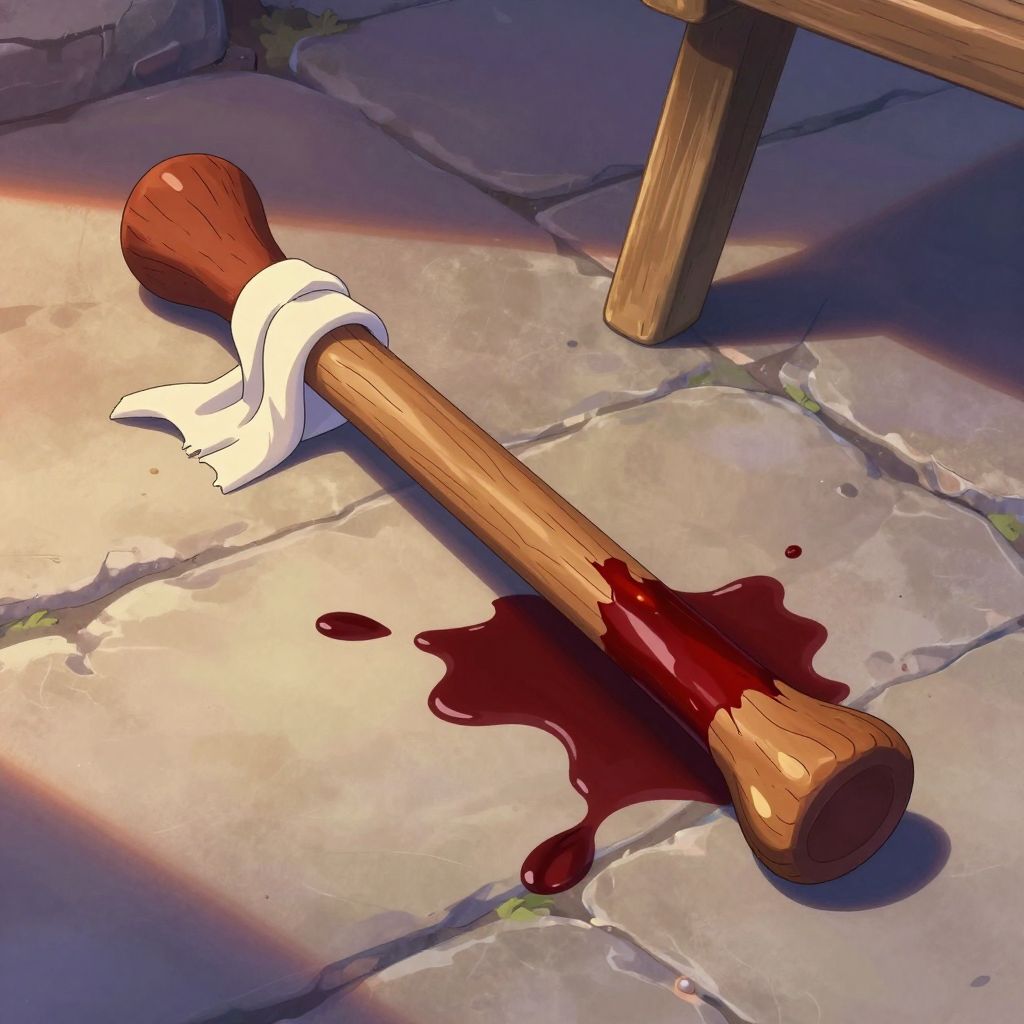 A bloody wooden club lying on stone pavement with torn white toga fabric