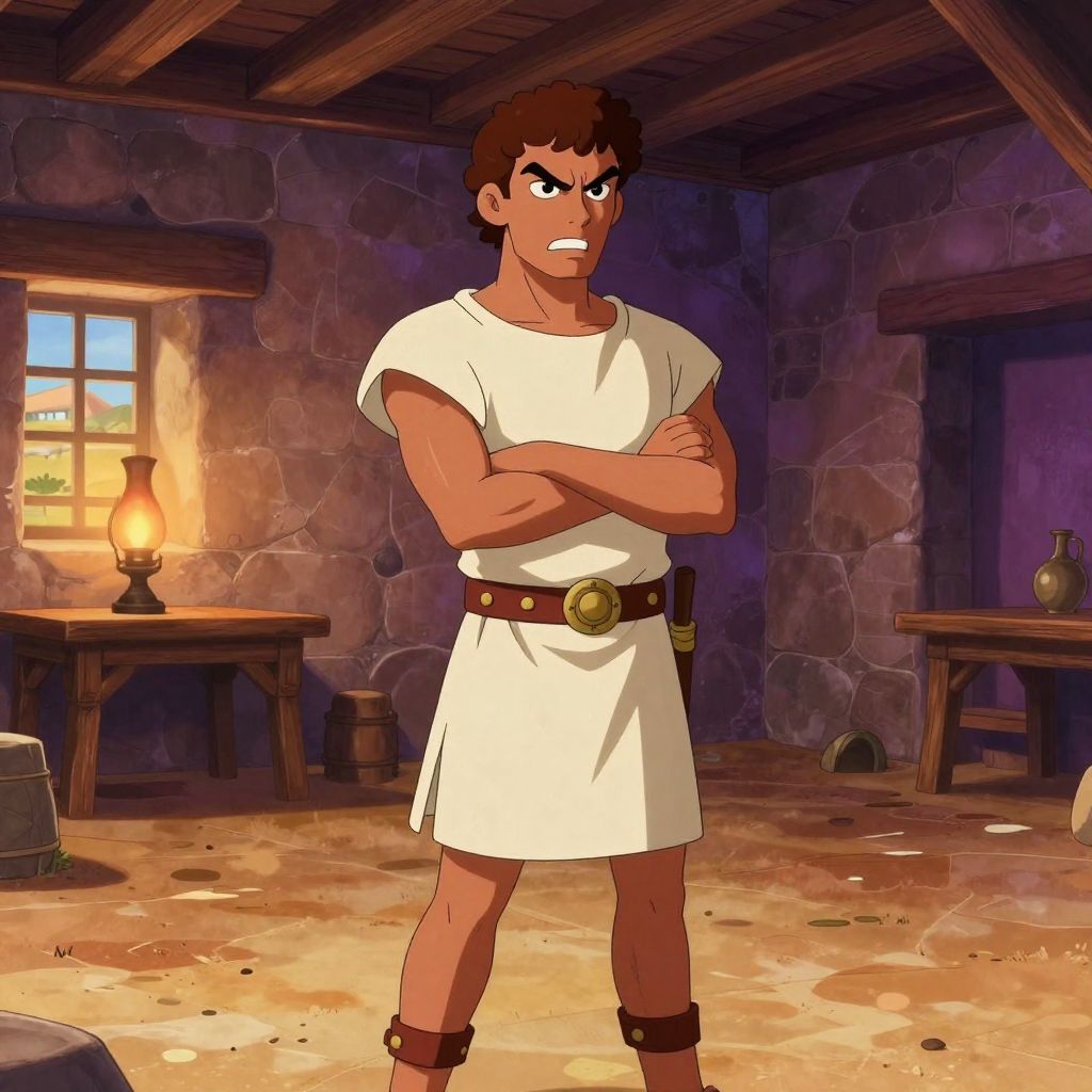 Young Gaius Gracchus standing alone in a stone military barracks in Spain, arms crossed, face showing controlled fury