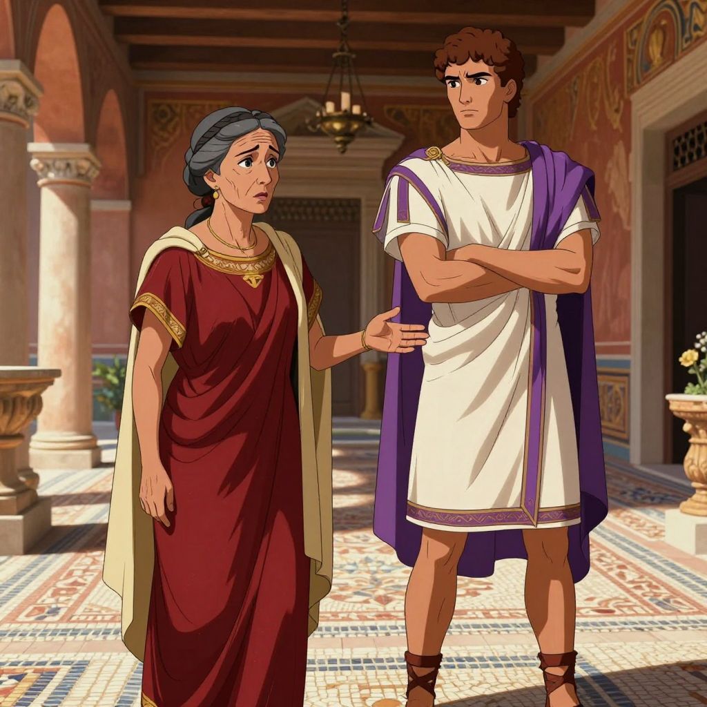 Cornelia reaching toward Gaius in their patrician home, pleading with him not to run for tribune