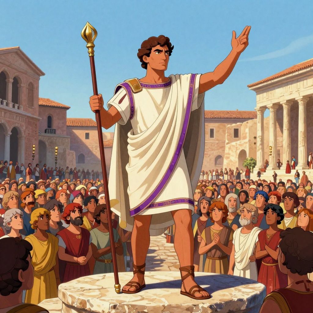Gaius Gracchus standing on a raised platform addressing a massive crowd in the Forum, arms raised