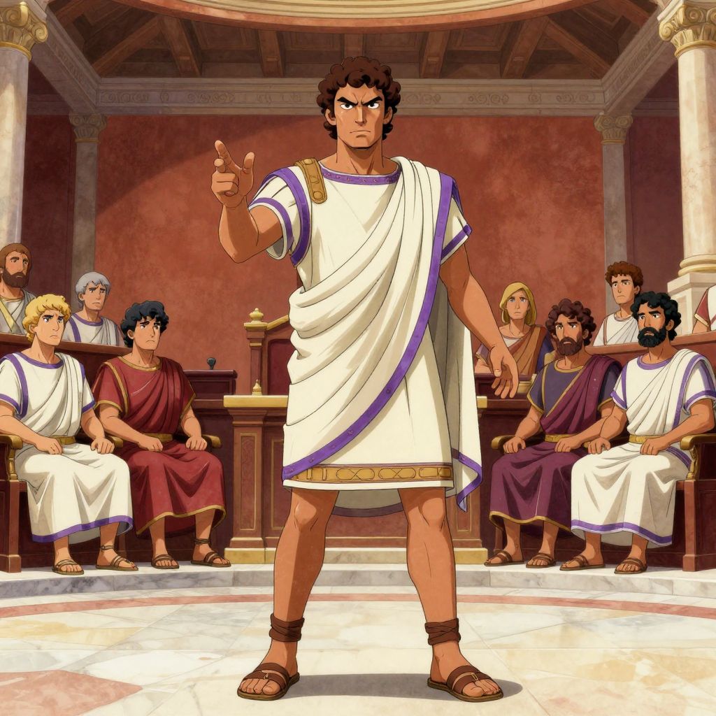 Gaius Gracchus confronting hostile senators in the Senate chamber, gesturing forcefully