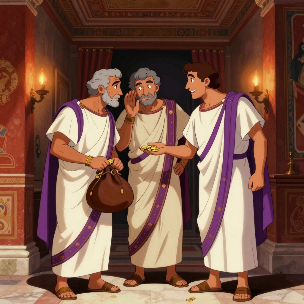 Wealthy senators in a shadowy room counting gold coins and bribing a rival tribune