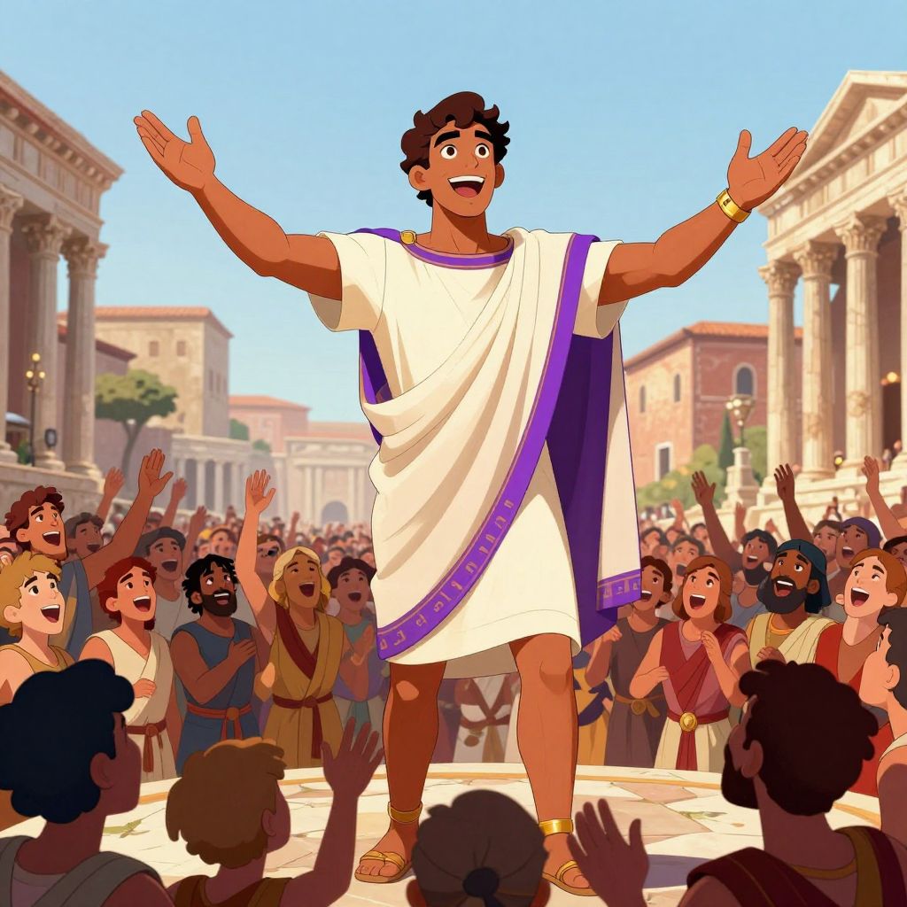 A rival tribune addressing an eager crowd in the Forum with theatrical enthusiasm