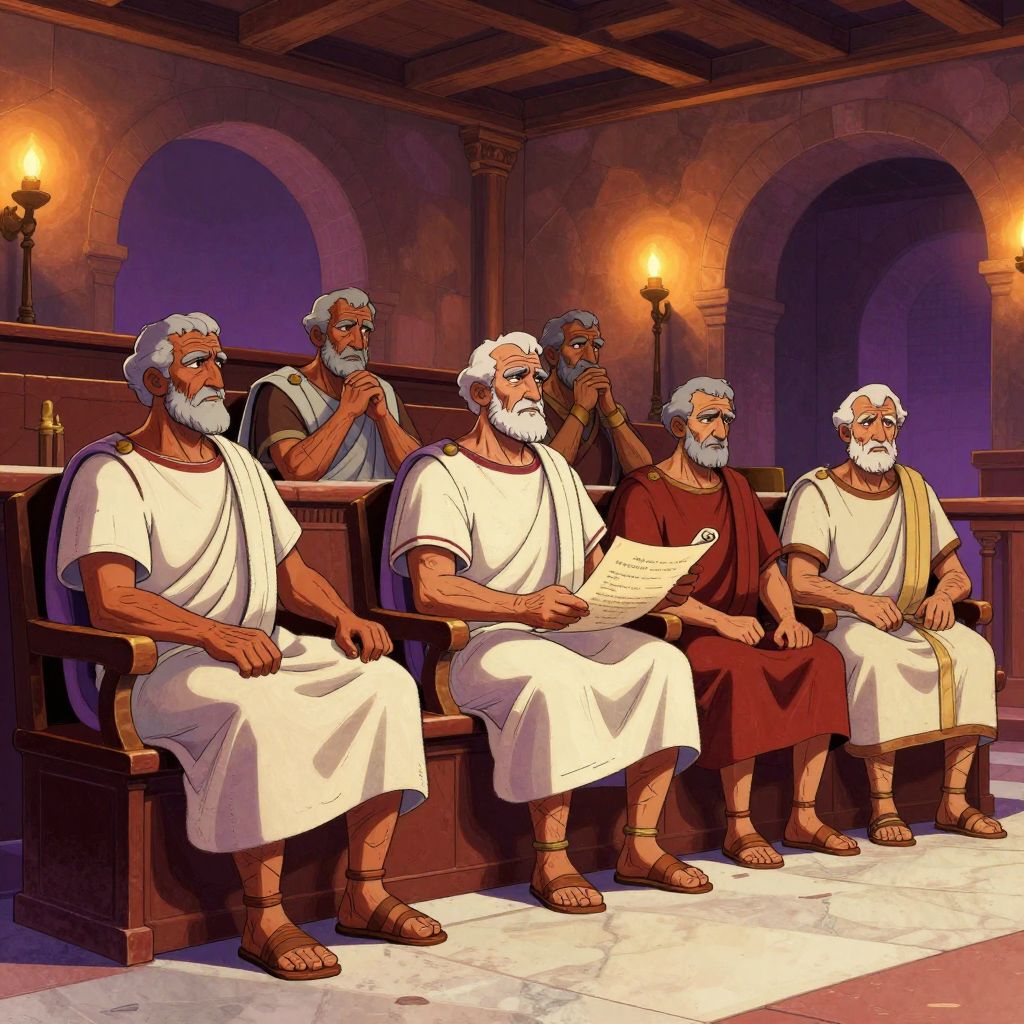 Elderly Roman senators seated in the Senate chamber at dusk, one holding up a scroll with text