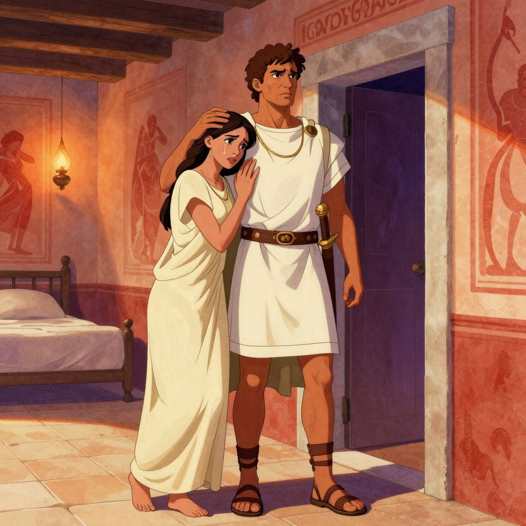 Gaius embracing his wife at dawn in their home, both knowing he's going to his death