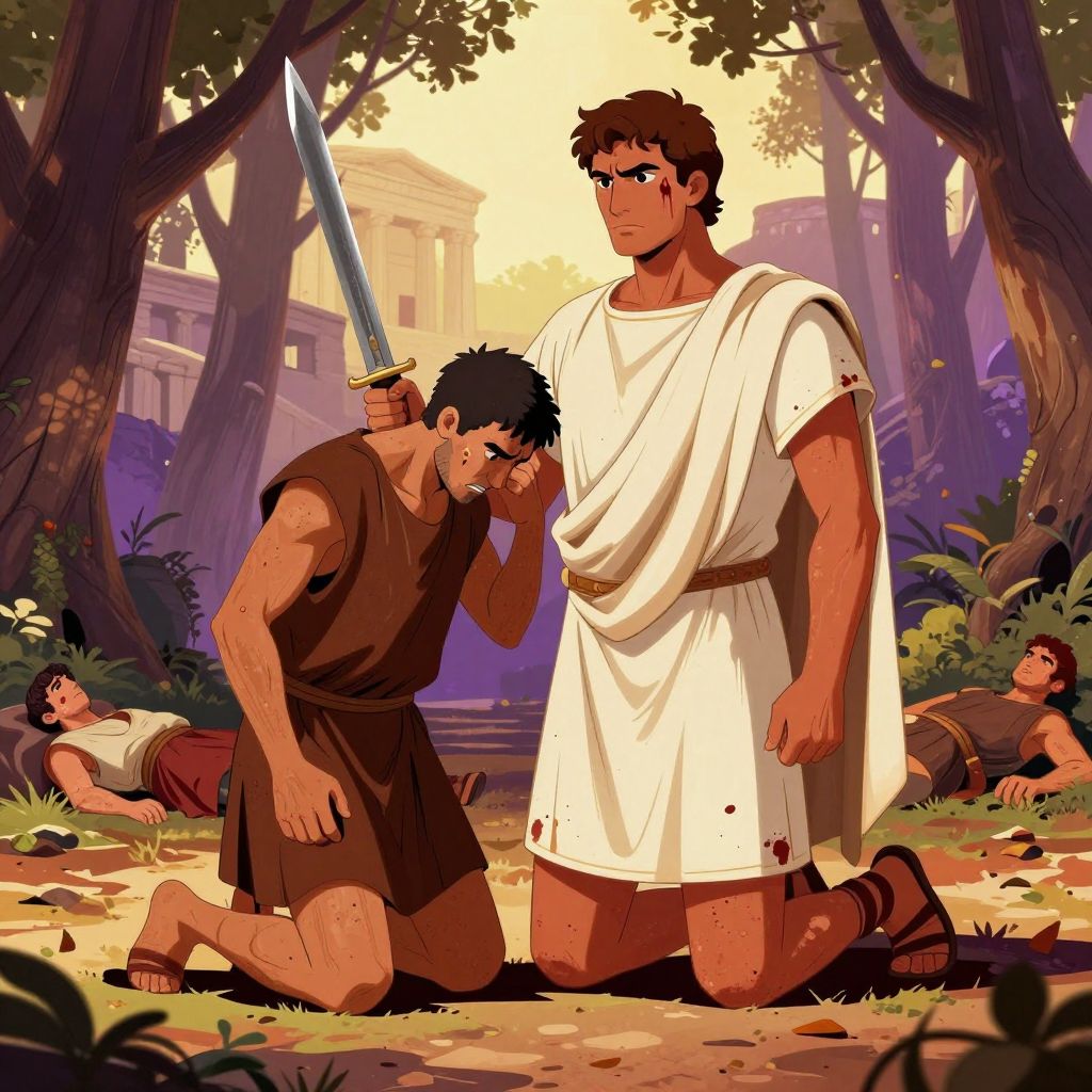Gaius kneeling before his slave in a sacred grove, wounded supporters nearby