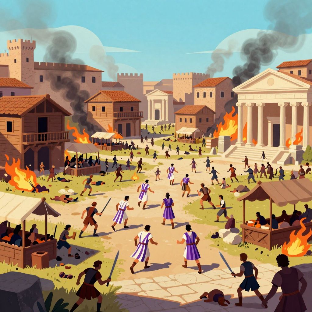 Line of Roman citizens being executed by soldiers outside city walls