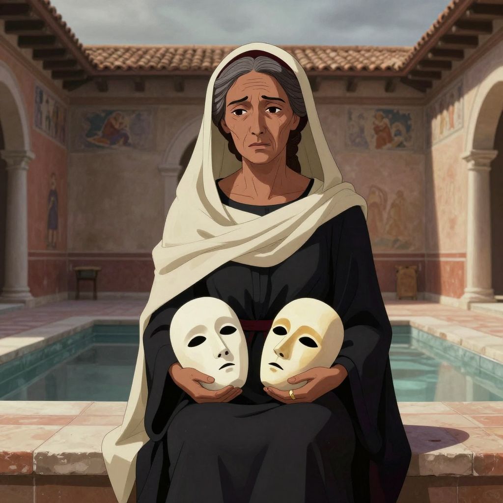 Cornelia seated alone in her atrium, holding two funeral masks