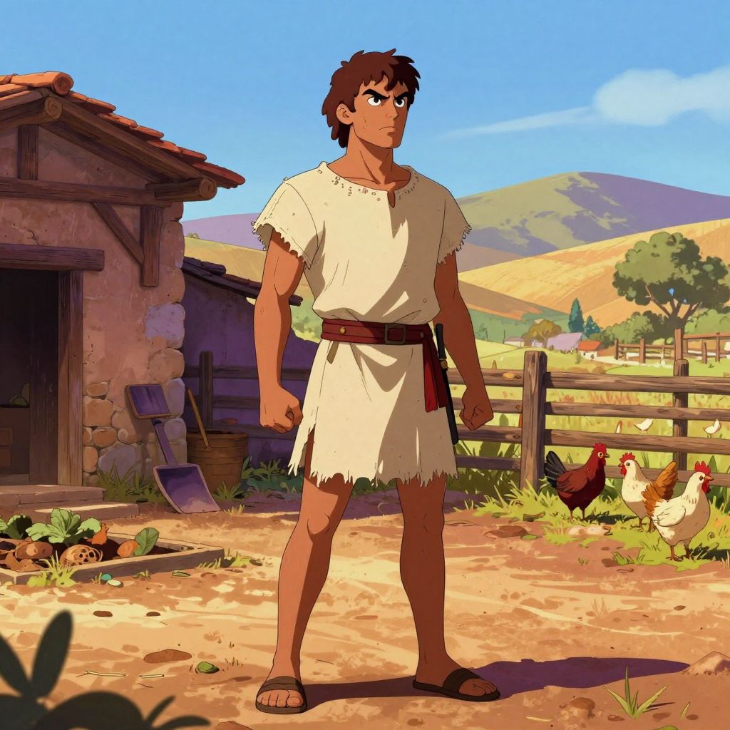 Young Marius on a poor farm, fists clenched, staring at distant hills with fierce ambition