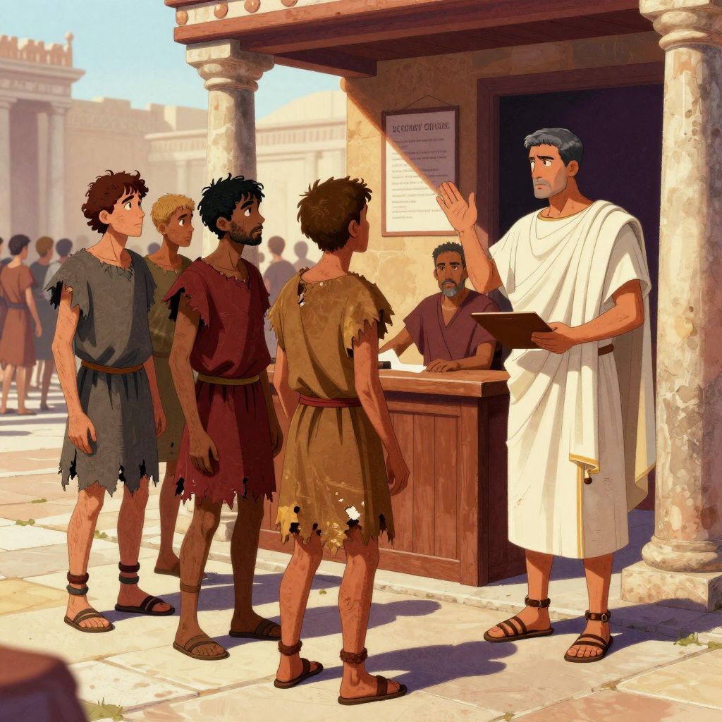 Poor Roman citizens being turned away from a military recruitment station by an official