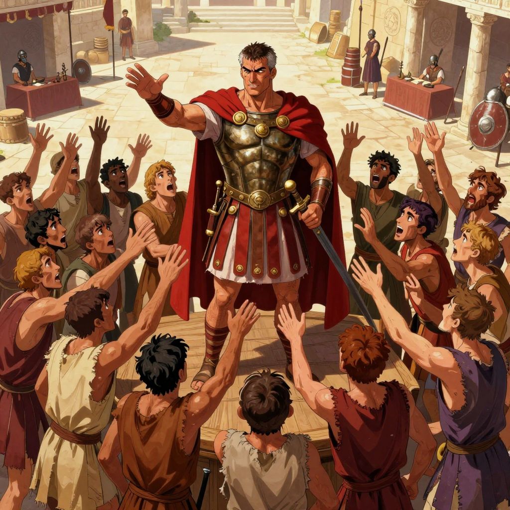 Marius standing on a platform addressing a crowd of poor citizens reaching toward him
