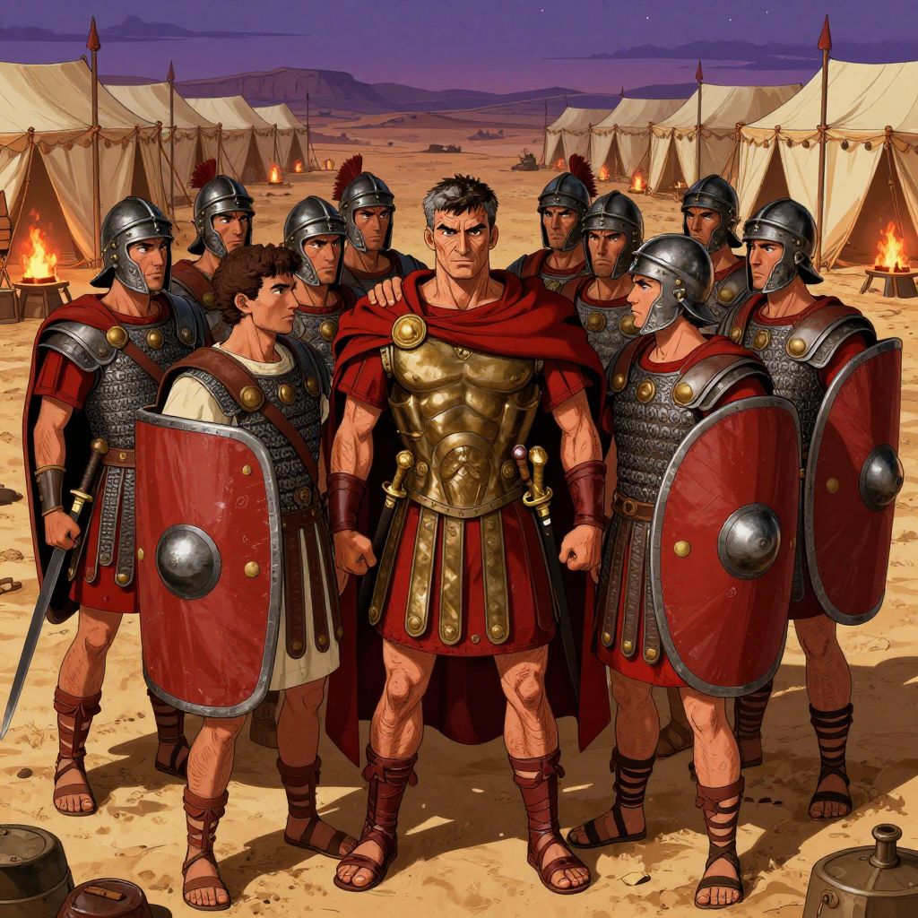 Marius surrounded by loyal soldiers, his hand on one soldier's shoulder, showing their personal bond