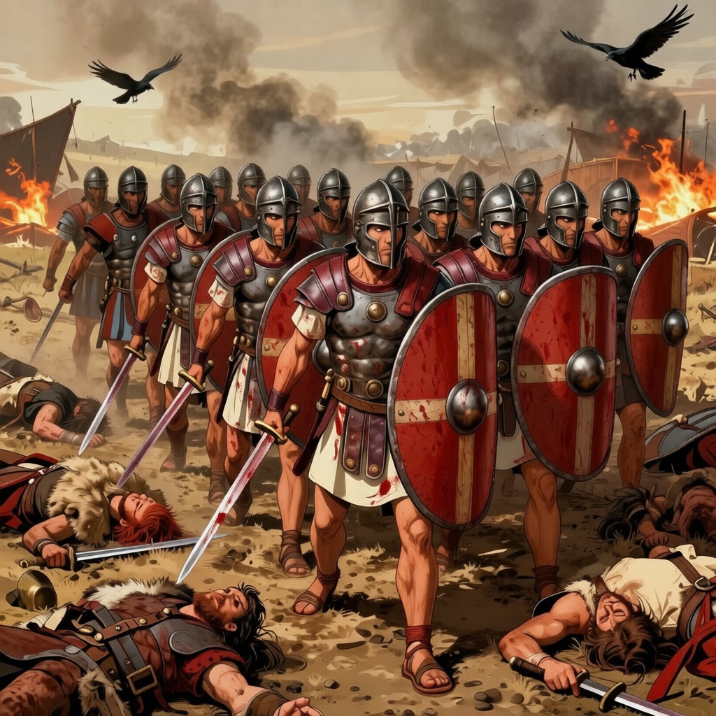 Roman soldiers advancing in tight formation over fallen Germanic warriors on a devastated battlefield