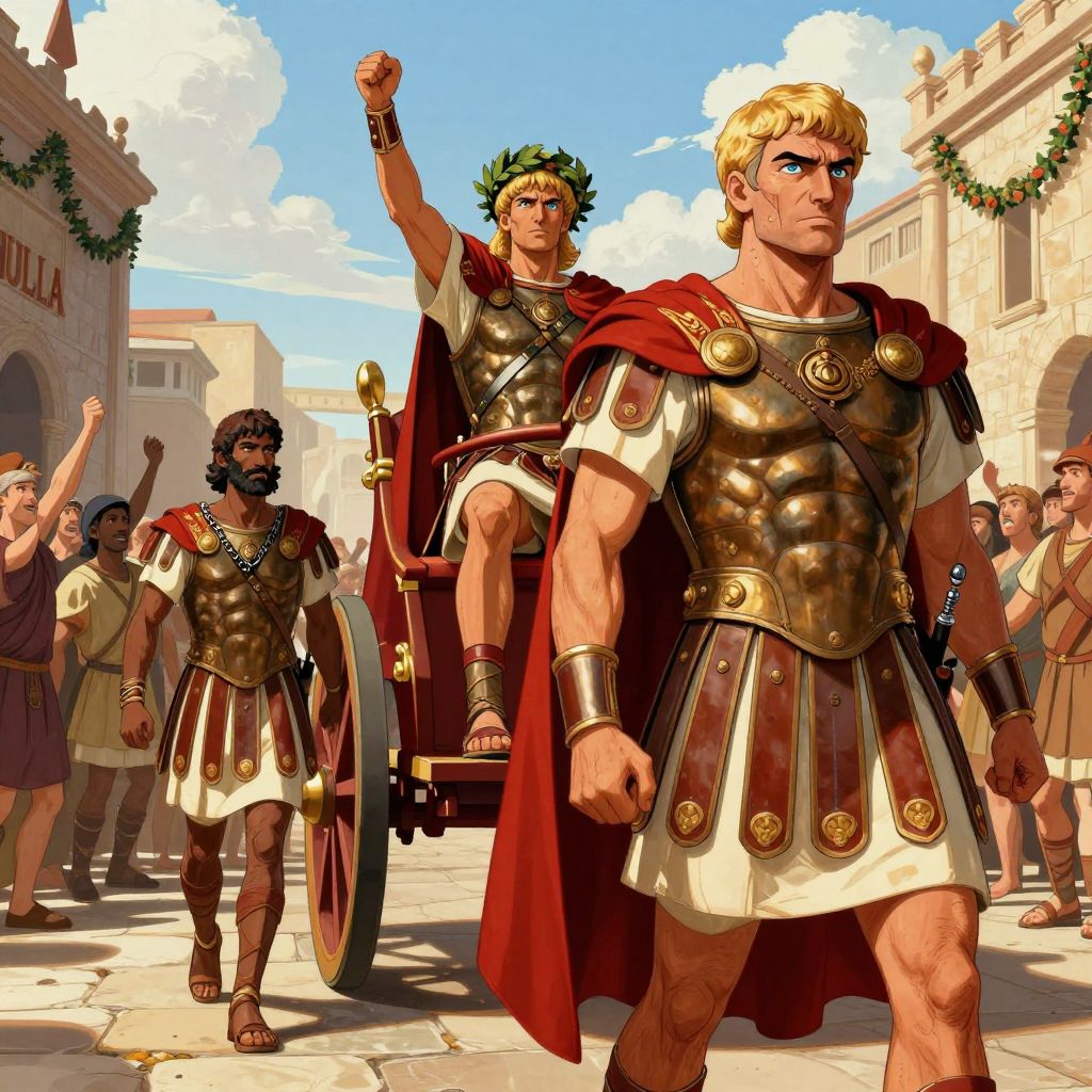 Marius rides in a triumphal chariot while younger Sulla watches from the side with burning resentment