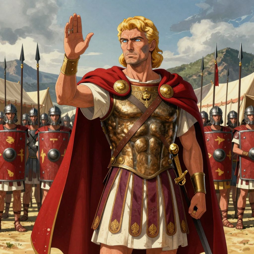 Sulla standing at the head of his legions, one hand raised giving orders, ice-blue eyes showing cold determination