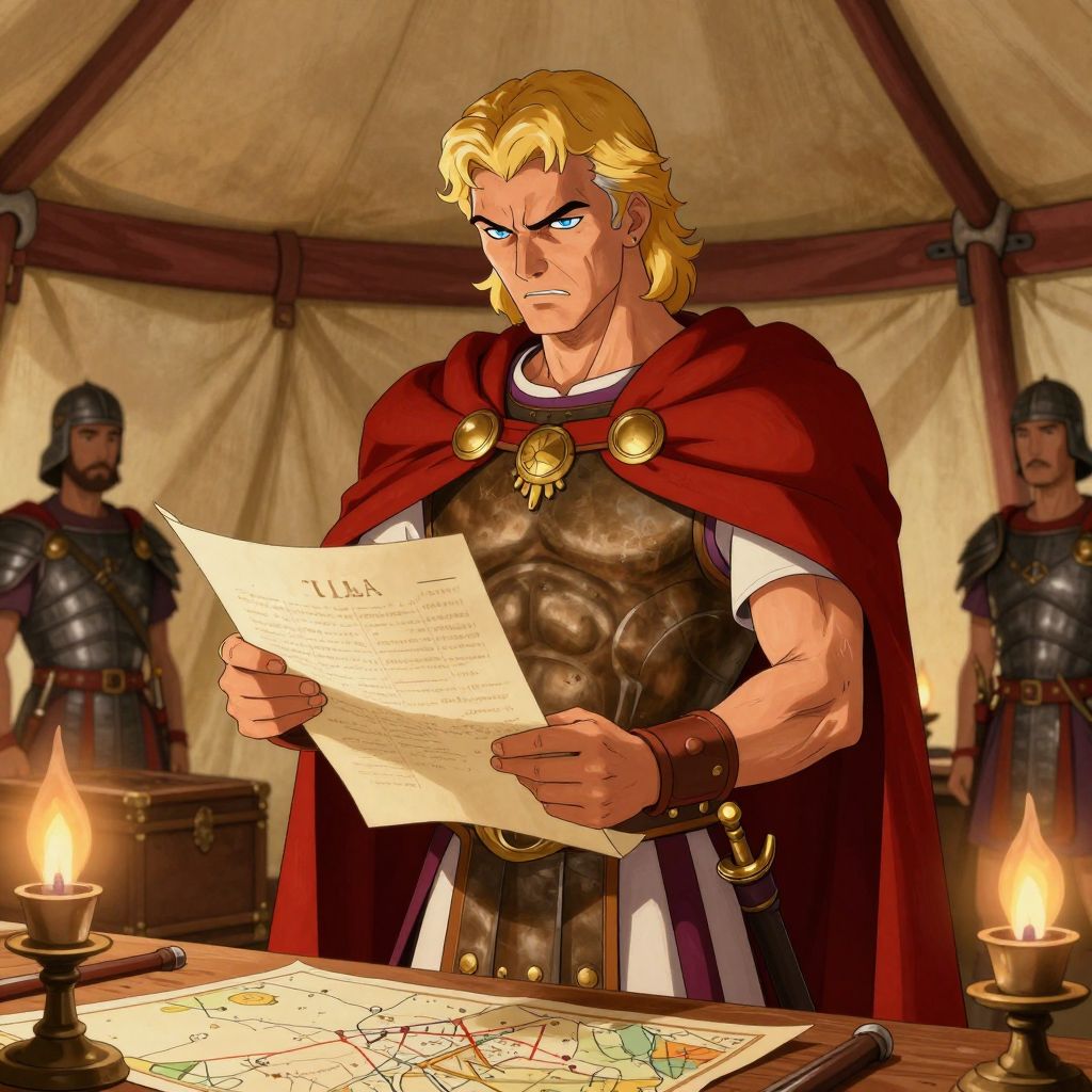 Sulla in his command tent, knuckles white as he grips a scroll, face showing cold aristocratic rage